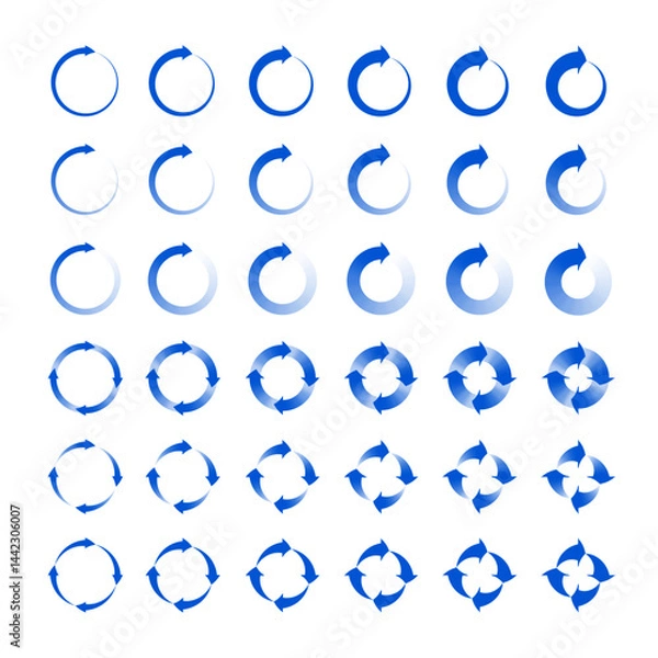 Obraz arrows circle set of 1 and 4 arrow elements clock wise direction. blue spin vector circular arrow rotating sign icons with flat and white gradient color