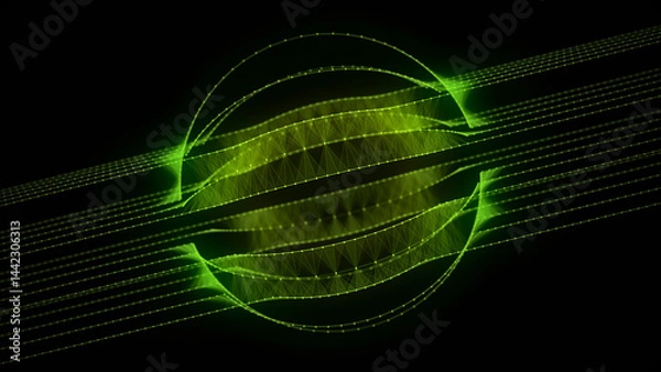 Fototapeta Green sphere consisting of points and lines. Modern wireframe elements. Technology grid sphere. 3d rendering.