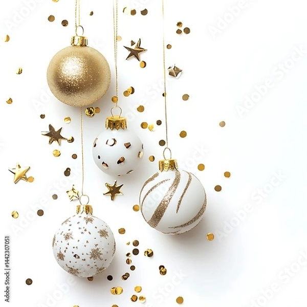 Obraz Ornaments and confetti hanging on strings against a white background