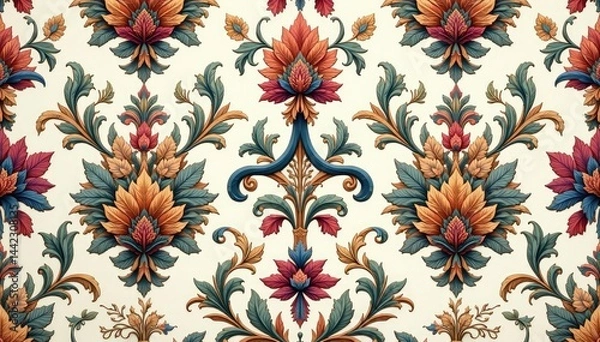 Fototapeta Intricate floral damask pattern, elegant swirls and leaves , leaves, retro
