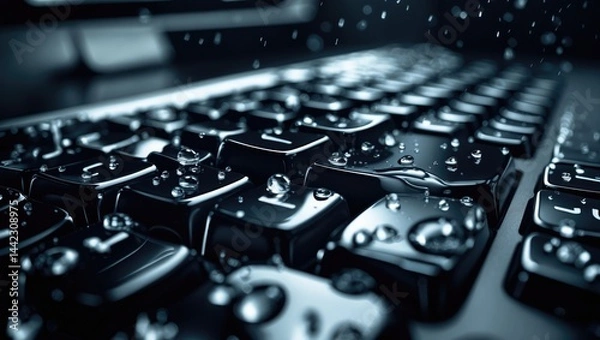 Fototapeta Water accumulated on computer keys on a dark background