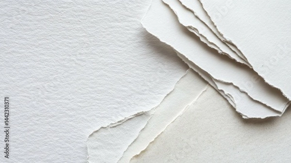 Fototapeta Torn papers arranged in stack, showing textures, deckle edges, layering, fragility.
