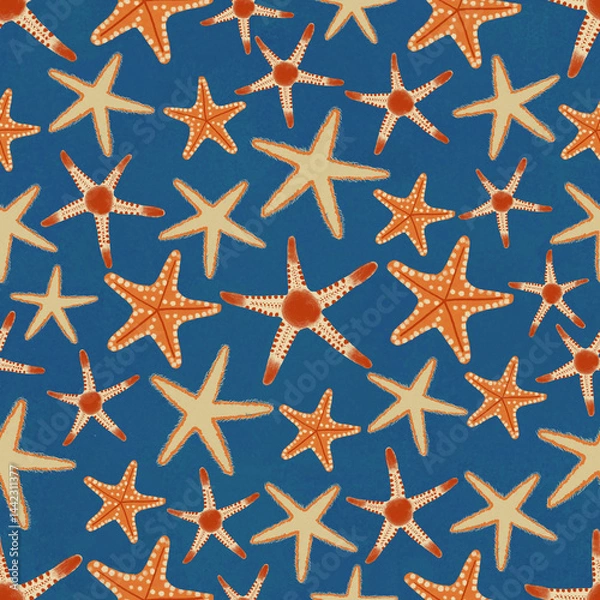 Obraz Hand-Drawn Seamless Beach Pattern with Colorful Starfish on Deep Blue