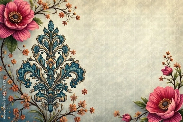 Fototapeta Intricate floral damask pattern on a subtle, textured background , ornate, blossom, pattern