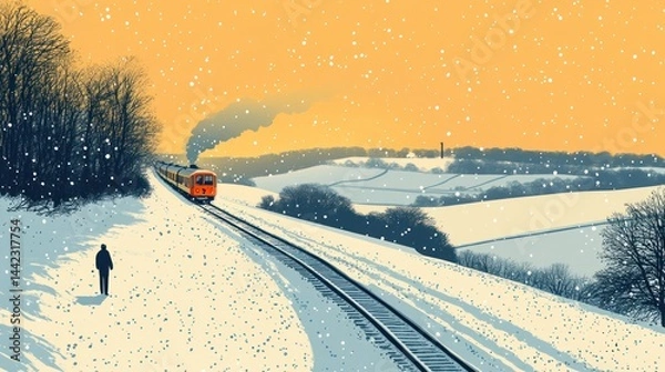 Obraz A quiet railway line running through a snow-covered landscape, with a train approaching in the distance, steam rising into the cold winter air.