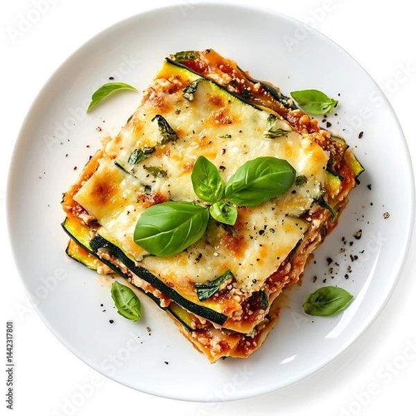 Obraz Zucchini lasagna on a white plate with basil garnish close up view shot