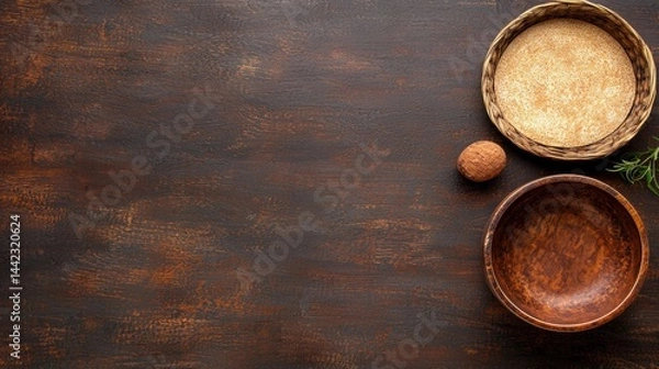 Fototapeta A rustic wooden table with three bowls and a nut.