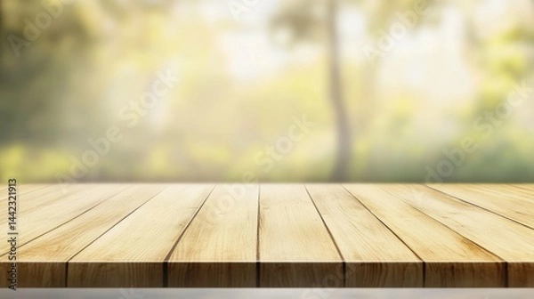 Obraz Wooden surface sits ready, providing spacious presentation area against blurred nature background.