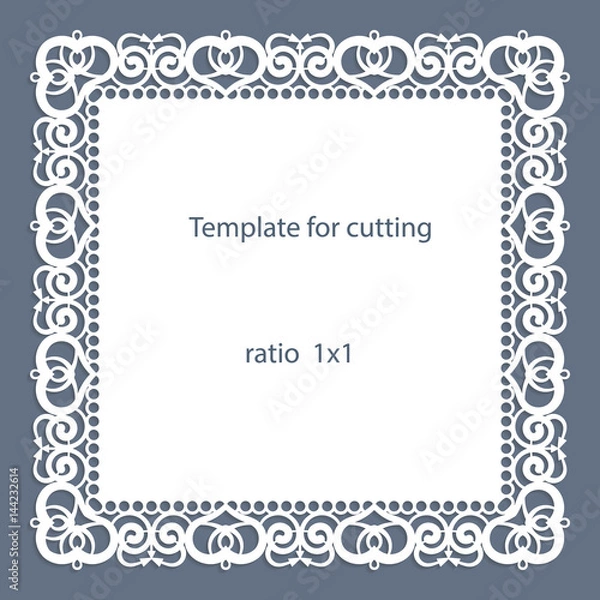 Fototapeta Greeting card with openwork border, paper doily under the cake, template for cutting, wedding invitation, decorative plate is laser cut, vector illustrations.