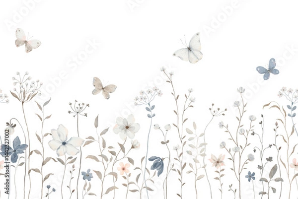 Obraz Watercolor seamless border with delicate abstract wildflowers, plants and flying butterflies, isolated hand-drawn print for textile, wallpapers or horizontal seamless pattern.