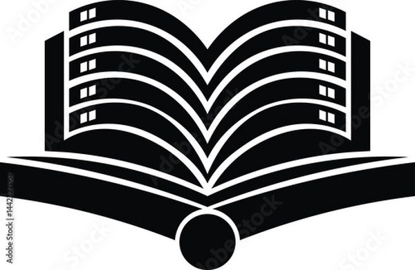 Fototapeta Modern Architecture Book Icon Representing Urban Living, black and white graphic of a multi-story building depicted as an open book logo icon.