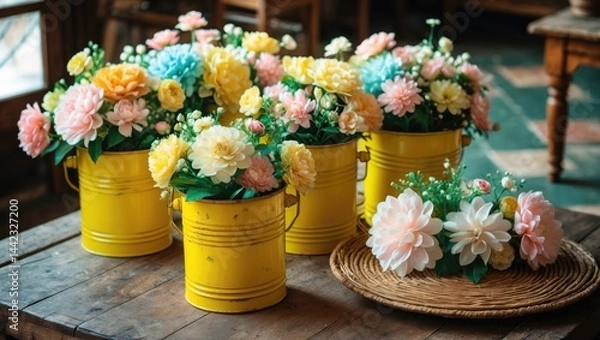 Obraz Old cart adorned with yellow tin vases and synthetic flowers