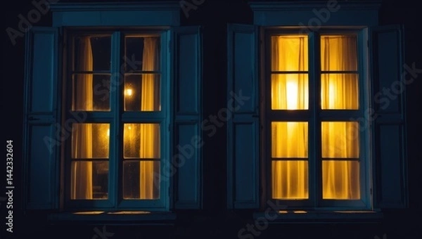 Obraz Vintage windows with warm light shining through curtains at night