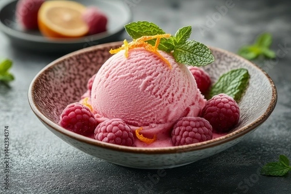Fototapeta Raspberry ice cream dessert, mint garnish, close-up