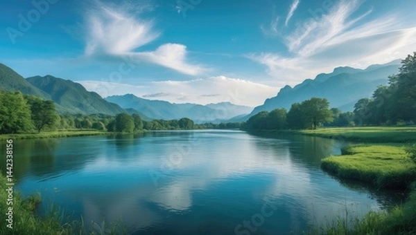 Fototapeta A peaceful landscape featuring a serene sky with wispy clouds, majestic mountains, and a gentle flowing river bordered by verdant trees