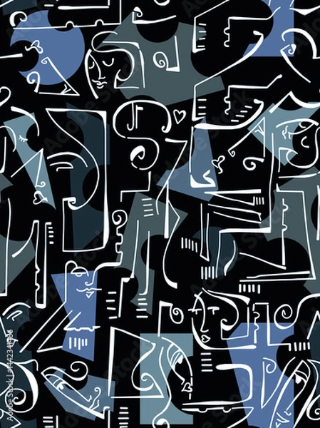 Obraz Abstract drawing of women's faces with white lines on a colored background.Seamless pattern.