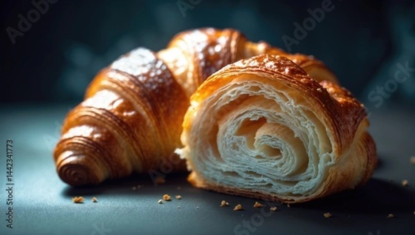Fototapeta Zoomed-in image of a pair of croissants, one cut to display its inner texture, delightful pastry