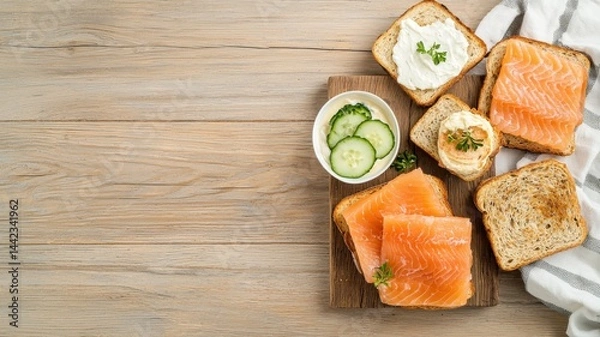 Fototapeta Elegant Breakfast Spread: Salmon, Eggs, Toast, Salad, and Coffee breakfast salmon egg toast salad