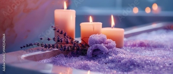 Fototapeta Cozy bathroom with scented candles and lavender, creating an atmosphere of relaxation and comfort, perfect for interior design, spa advertising, self-care blogs.