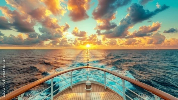 Fototapeta Sunset over the ocean overlooking the deck of a ship, perfect for travel websites, cruise ads, romantic articles and design backgrounds.