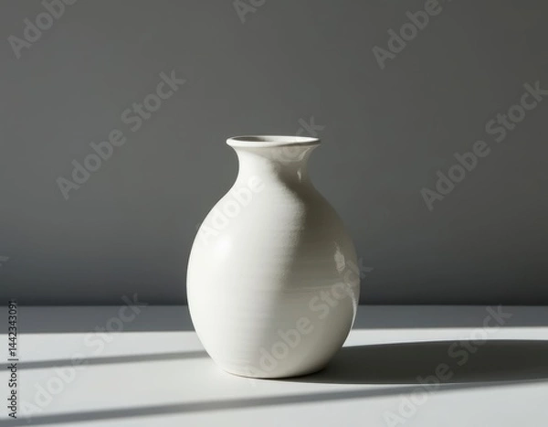Fototapeta A simple white ceramic vase placed against a smooth grey wall, representing minimal interior design.