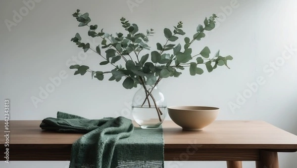 Fototapeta Table setting featuring branches in a vase adjacent to a illuminated wall