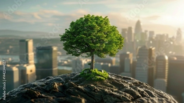 Fototapeta Green tree on the background of urban landscape, symbolizing the harmony of nature and urbanism. Suitable for environmental initiatives, urban design, educational materials.