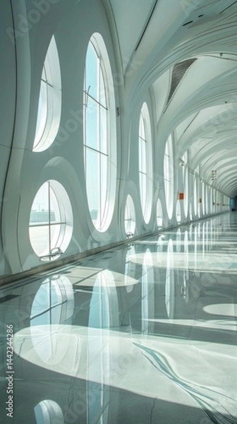 Fototapeta Futuristic corridor with large windows and reflections on the floor. Suitable for interior design, architectural projects, presentations.
