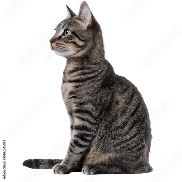 Obraz Side view of a grey tabby cat sitting, looking left, showing detailed fur pattern, cut out, isolated on a transparent background, no shadow
