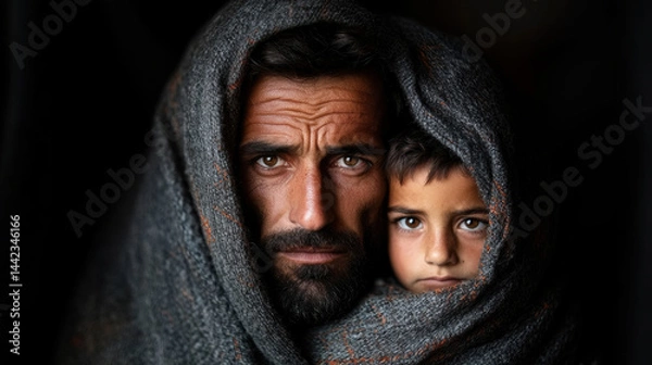 Obraz A refugee family huddled together under a blanket, seeking warmth and safety Focuses on humanitarian aid and global connection