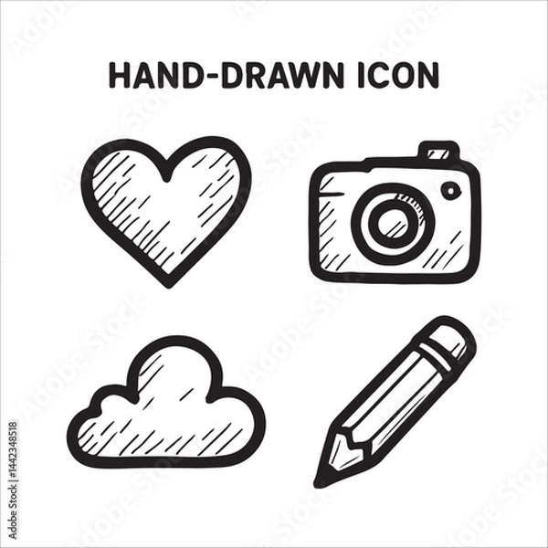 Obraz Hand Drawn Icon Set Heart Camera Cloud and Pencil Vector Art