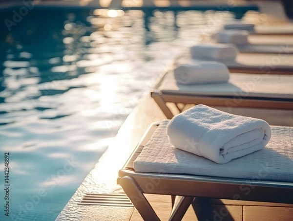 Fototapeta Ultimate Poolside Relaxation: Luxurious Hotel Pool with White Towels for a Blissful Summer Vacation