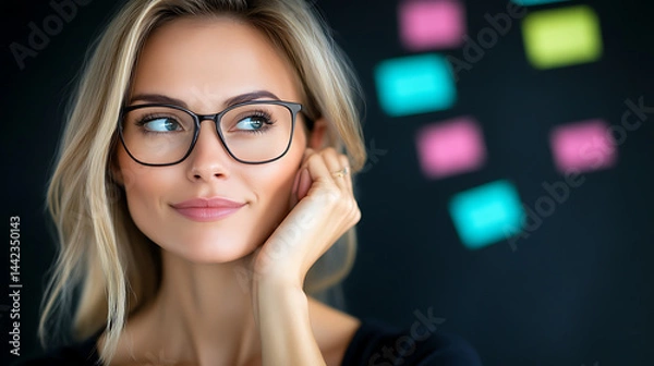 Fototapeta Woman With Glasses Thoughtfully Considering Ideas During a Brainstorming Session in a Creative Workspace With Sticky Notes on the Wall