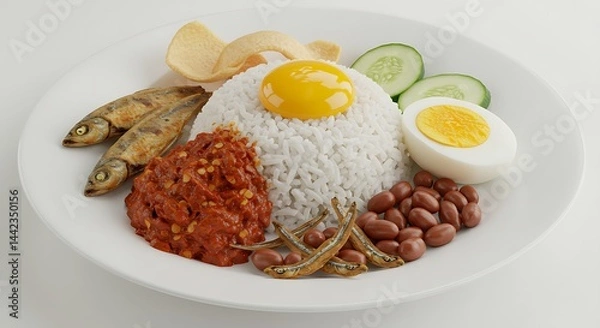 Fototapeta A plate of Nasi Lemak with sambal, fried anchovies, boiled egg, cucumber, and peanuts on a white background