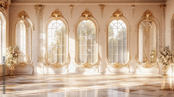 Fototapeta Luxurious rococo style interior with ornate gold details and elegant windows