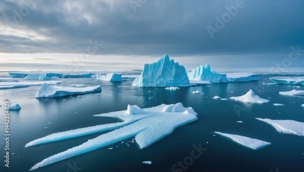 Fototapeta Aerial drone view of drifting icebergs in a winter landscape with melting blue glacier water, emphasizing environmental ecological issues of global warming and polar climate change