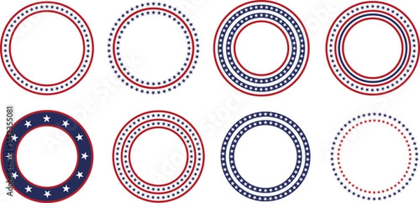 Fototapeta Patriotic American Flag Inspired Circle Frames for Design. USA Patriotic Circle Border.