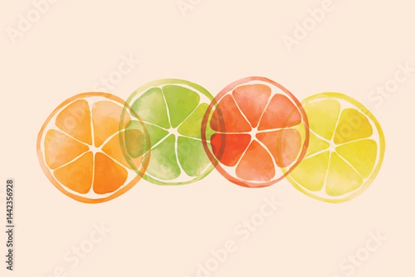 Fototapeta Set of colorful oranges, citrus, tangerine summer fruit. watercolor citrus pattern style. Blooming orange branch pattern design. Fruit illustration for fabric or wallpaper design.