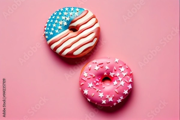 Obraz Little american flag stuck in donuts on pink background Photo