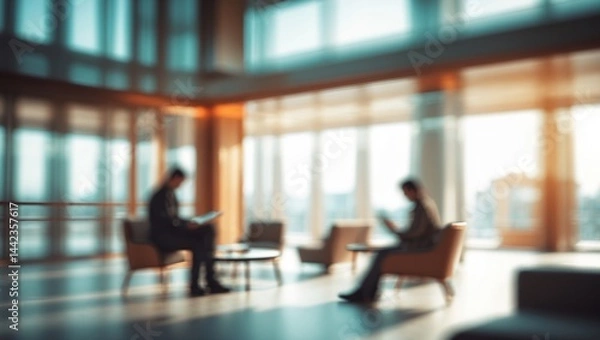 Fototapeta Blurred interior view of a hotel or office building lobby towards the reception area, highlighting a modern luxury room with a blurry corridor and glass wall windows
