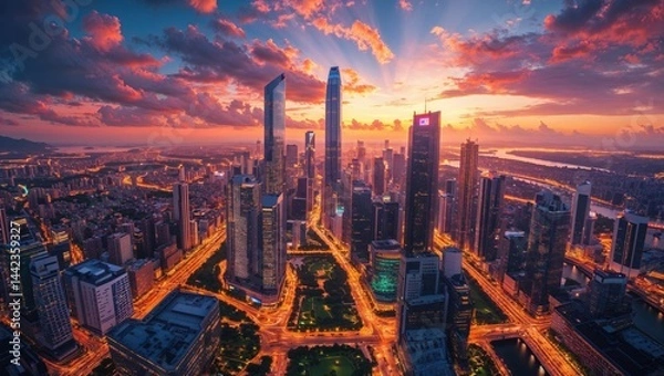 Fototapeta Vibrant sunset over a bustling city skyline with skyscrapers and illuminated streets