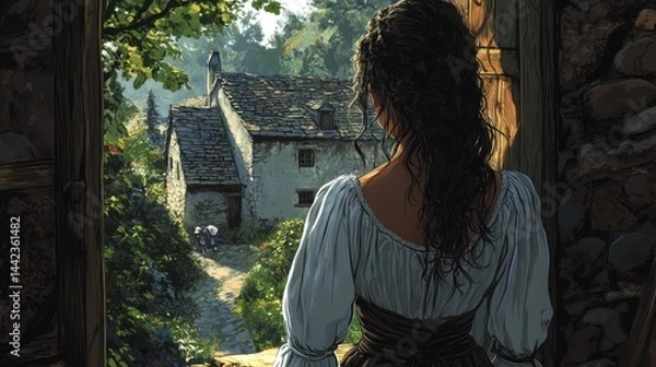 Obraz A young woman stands at the window of her home in the countryside, the sun shining on her delicate features.
