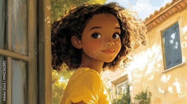Obraz A young girl with soft curls stares out the window of her cottage, surrounded by a lush green landscape bathed in golden afternoon light.