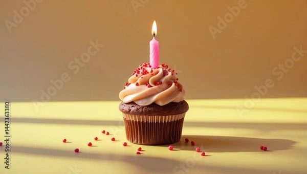 Fototapeta Chocolate cupcake with a candle on a plain background providing copyspace