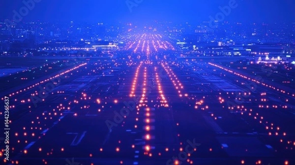 Fototapeta Aerial View of Airport Runway with Illuminated Lights at Night