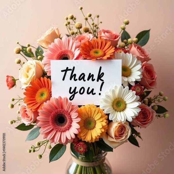 Fototapeta Bouquet of flowers with Thank You card, featuring roses, gerbera daisies. Gratitude, appreciation, and heartfelt sentiment, thank-you cards, social media posts, invitations, and marketing materials.