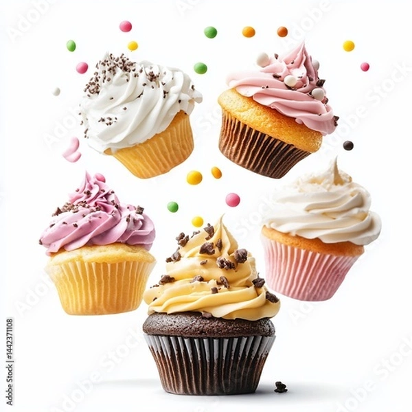 Fototapeta Five assorted cupcakes with colorful sprinkles, levitating against a white background.