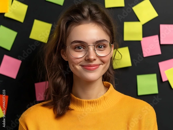 Fototapeta Young Woman Smiles Confidently in Front of Colorful Sticky Notes in Creative Workspace During Daytime