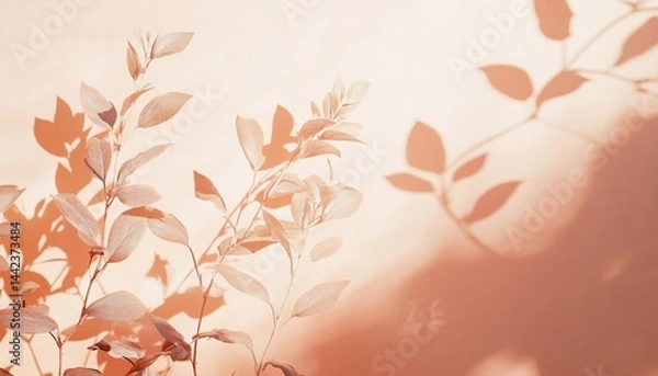 Fototapeta Soft light illuminates delicate plant branches casting long shadows on a peach background.