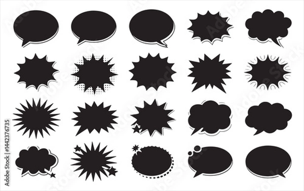 Fototapeta Comic burst explosion vector comic boom elements and speech bubbles in black silhouettes Ideal for comic designs pop art and retro style